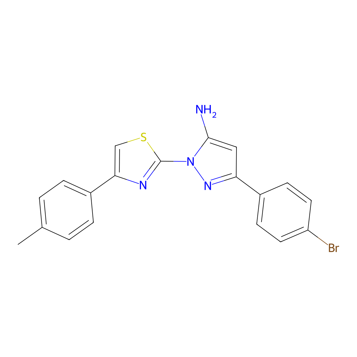 1H-Pyrazol-5-amine, 3-(4-bromophenyl)-1-(4-(4-methylphenyl)-2-thiazolyl)- molecular structure, CAS 74101-23-8