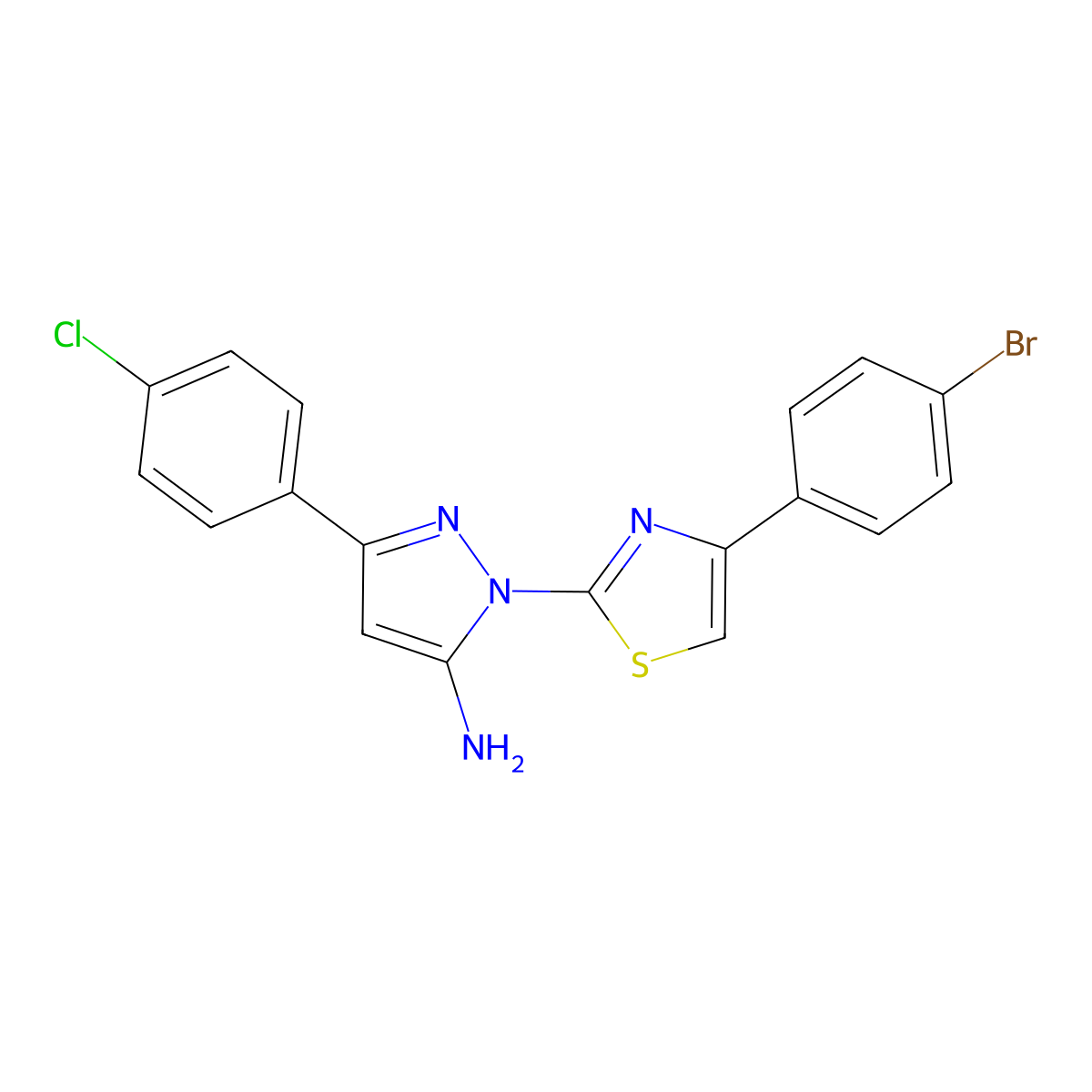 1H-Pyrazol-5-amine, 1-(4-(4-bromophenyl)-2-thiazolyl)-3-(4-chlorophenyl)- molecular structure, CAS 74114-54-8