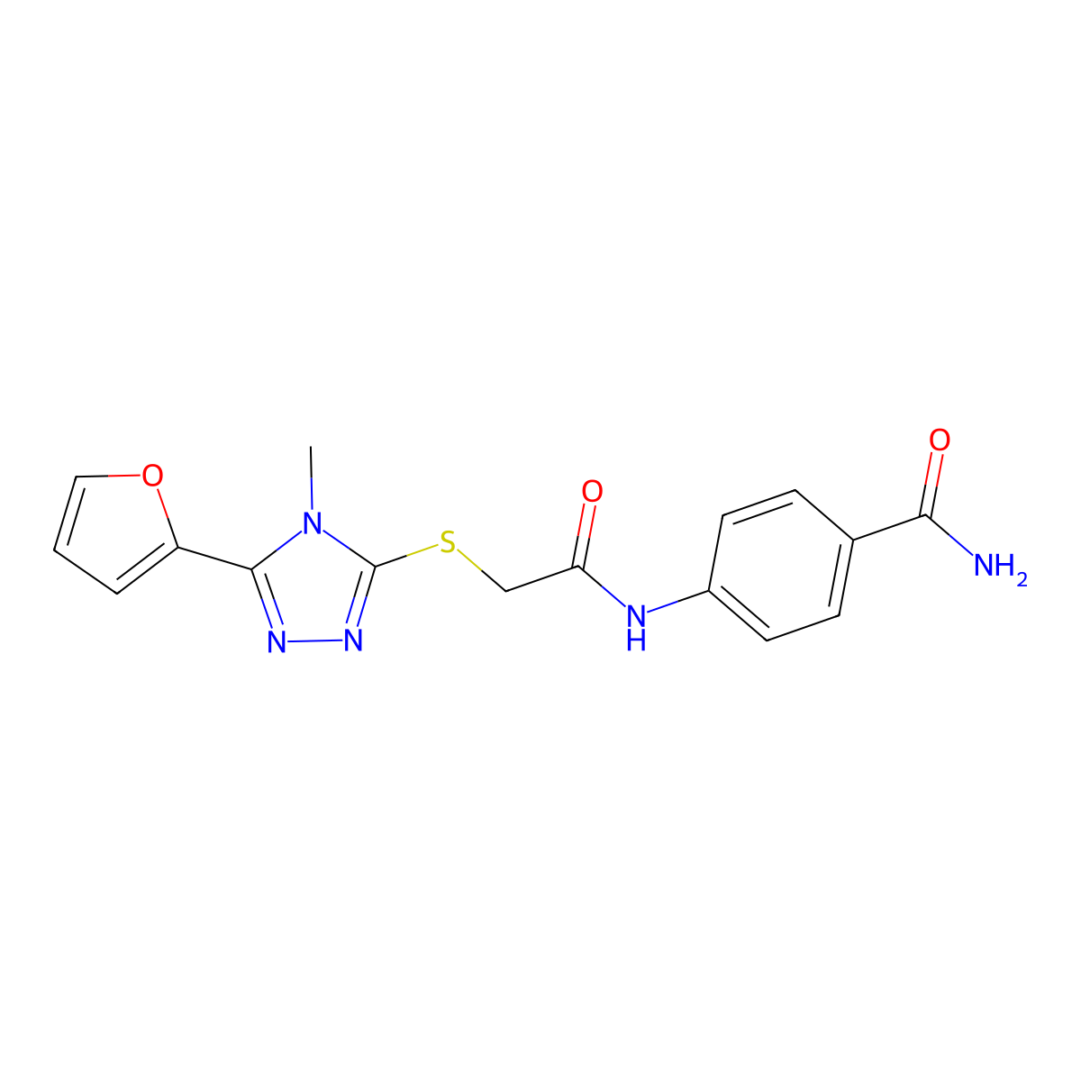4-(2-{[5-(furan-2-yl)-4-methyl-4H-1,2,4-triazol-3-yl]sulfanyl}acetamido)benzamide molecular structure, CAS 741271-94-3