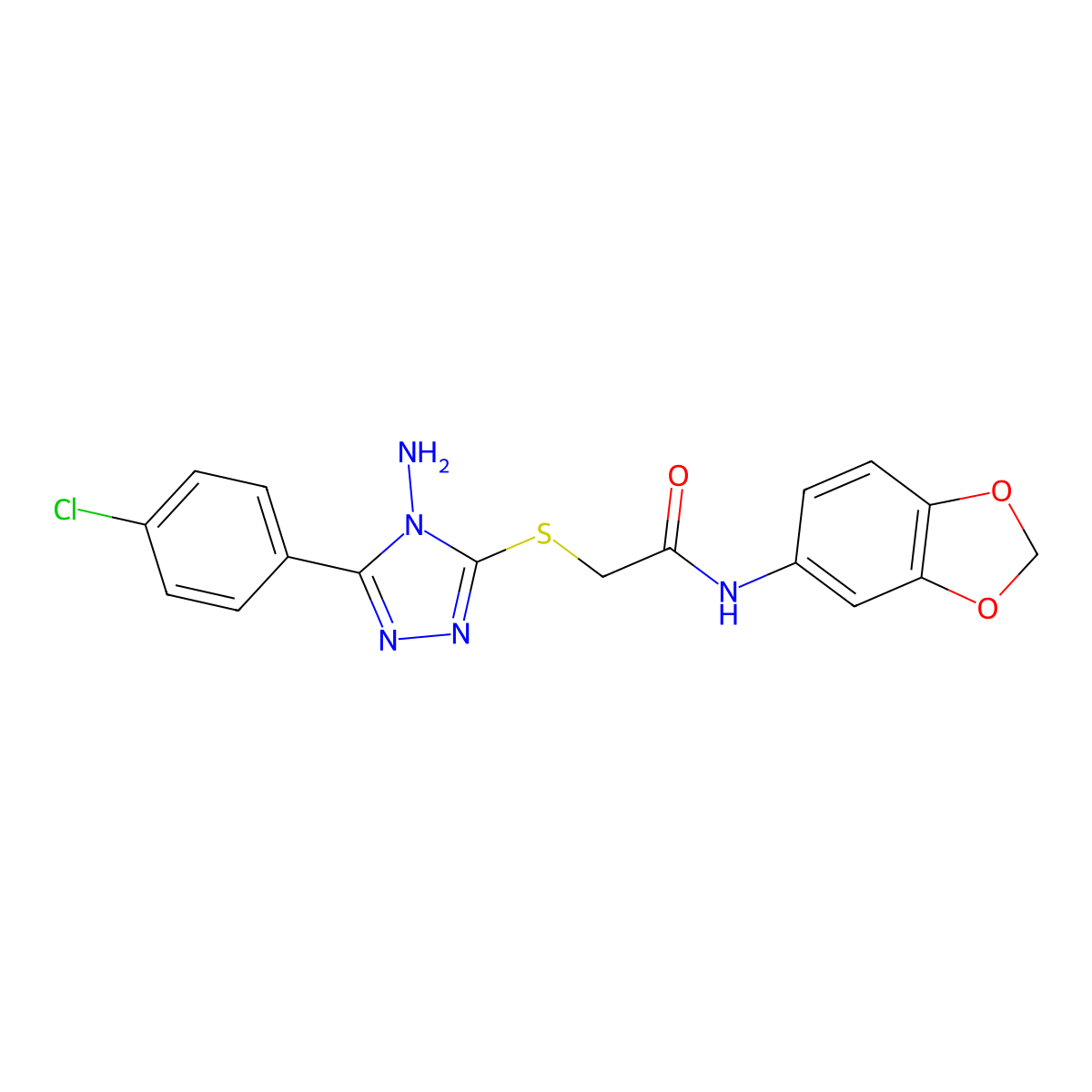 2-((4-amino-5-(4-chlorophenyl)-4H-1,2,4-triazol-3-yl)thio)-N-(benzo[d][1,3]dioxol-5-yl)acetamide molecular structure, CAS 741272-52-6