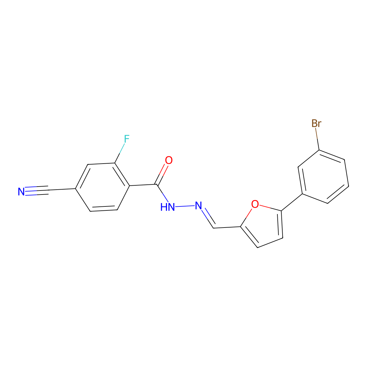 4-Cyano-2-fluorobenzoic acid 2-[[5-(3-bromophenyl)-2-furanyl]methylene]hydrazide molecular structure, CAS 741272-59-3