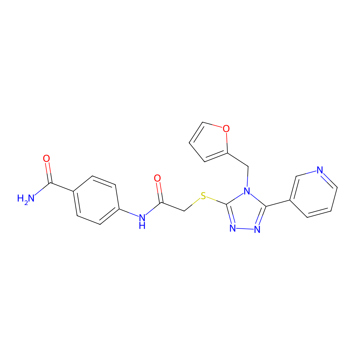 4-[({[4-(furan-2-ylmethyl)-5-(pyridin-3-yl)-4H-1,2,4-triazol-3-yl]sulfanyl}acetyl)amino]benzamide molecular structure, CAS 741274-30-6