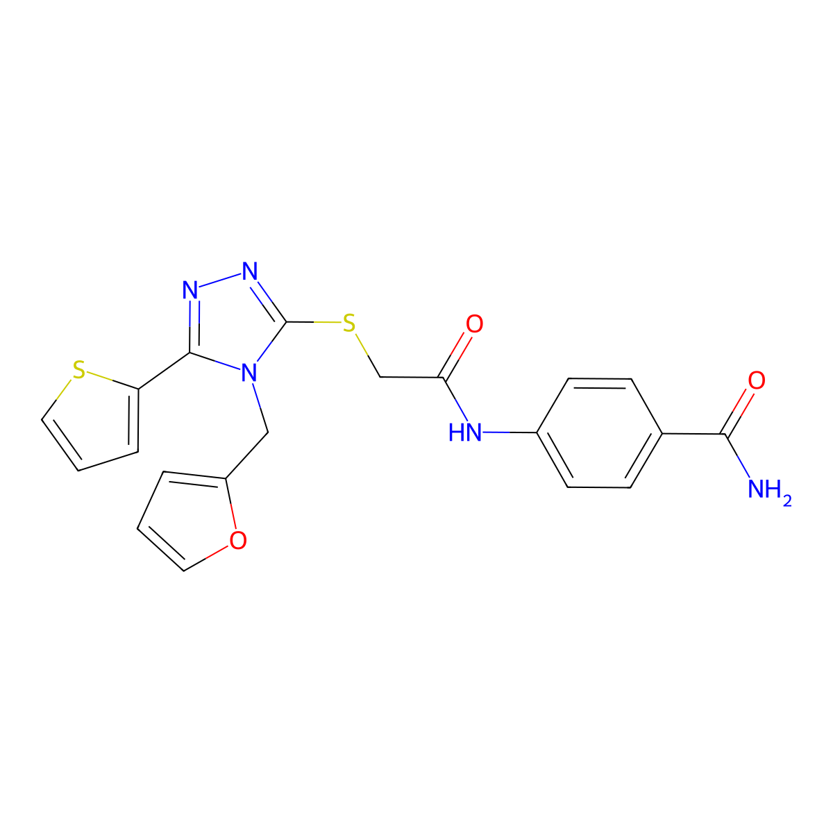 4-[({[4-(furan-2-ylmethyl)-5-(thiophen-2-yl)-4H-1,2,4-triazol-3-yl]sulfanyl}acetyl)amino]benzamide molecular structure, CAS 741288-74-4