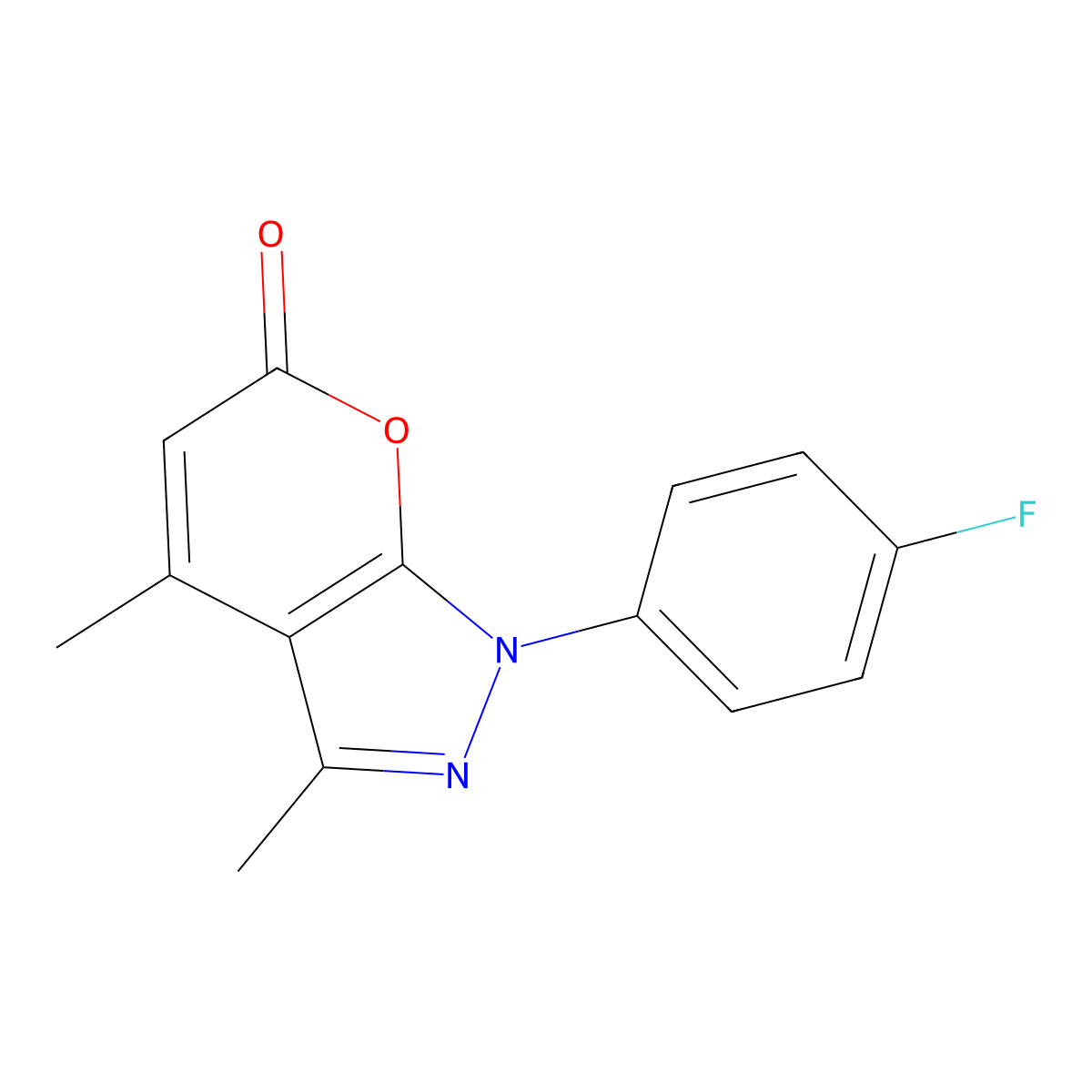 1-(4-fluorophenyl)-3,4-dimethylpyrano[2,3-c]pyrazol-6(1H)-one molecular structure, CAS 74169-57-6