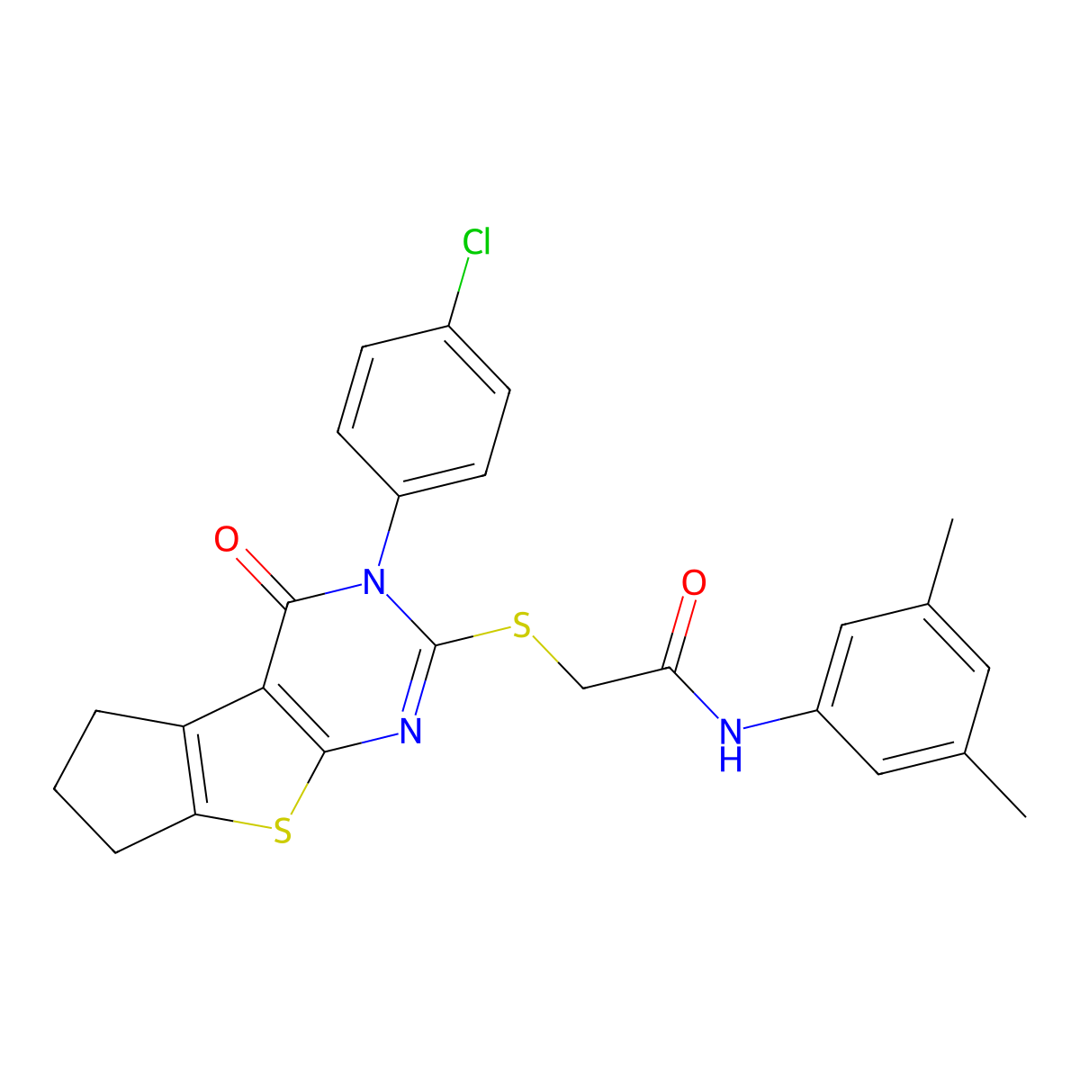 2-{[3-(4-chlorophenyl)-4-oxo-3,5,6,7-tetrahydro-4H-cyclopenta[4,5]thieno[2,3-d]pyrimidin-2-yl]sulfanyl}-N-(3,5-dimethylphenyl)acetamide molecular structure, CAS 741691-28-1