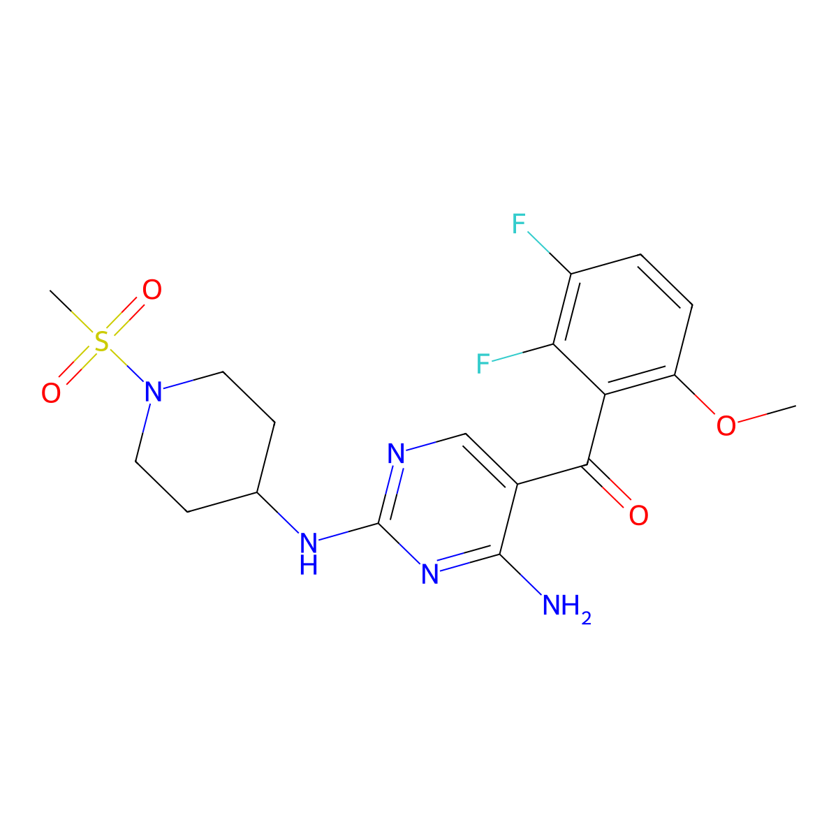 (4-Amino-2-(1-methanesulfonylpiperidin-4-ylamino)pyrimidin-5-yl)(2,3-difluoro-6-methoxyphenyl)methanone molecular structure, CAS 741713-40-6