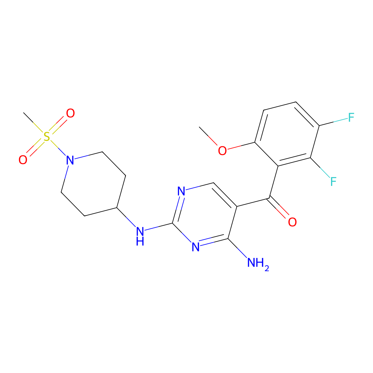 (4-Amino-2-(1-methanesulfonylpiperidin-4-ylamino)pyrimidin-5-yl)(2,3-difluoro-6-methoxyphenyl)methanone molecular structure, CAS 741713-40-6