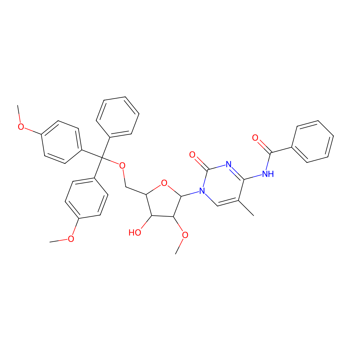 N-(1-((2R,3R,4R,5R)-5-((Bis(4-methoxyphenyl)(phenyl)methoxy)methyl)-4-hydroxy-3-methoxytetrahydrofuran-2-yl)-5-methyl-2-oxo-1,2-dihydropyrimidin-4-yl)benzamide molecular structure, CAS 741725-57-5