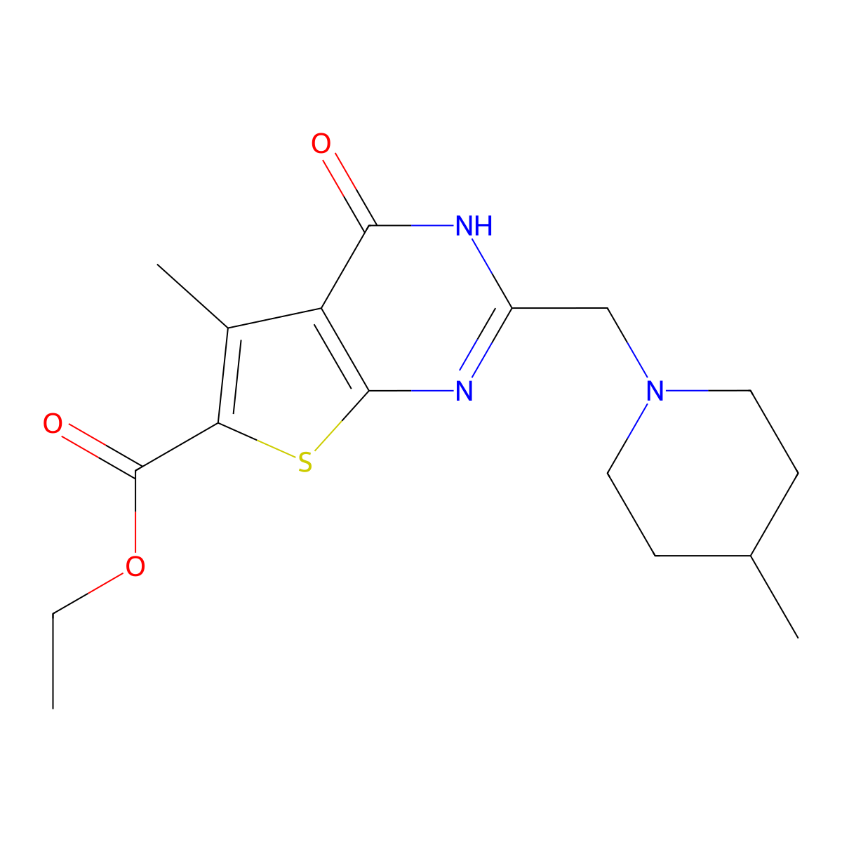 ethyl 5-methyl-2-[(4-methylpiperidin-1-yl)methyl]-4-oxo-3H,4H-thieno[2,3-d]pyrimidine-6-carboxylate molecular structure, CAS 741731-76-0