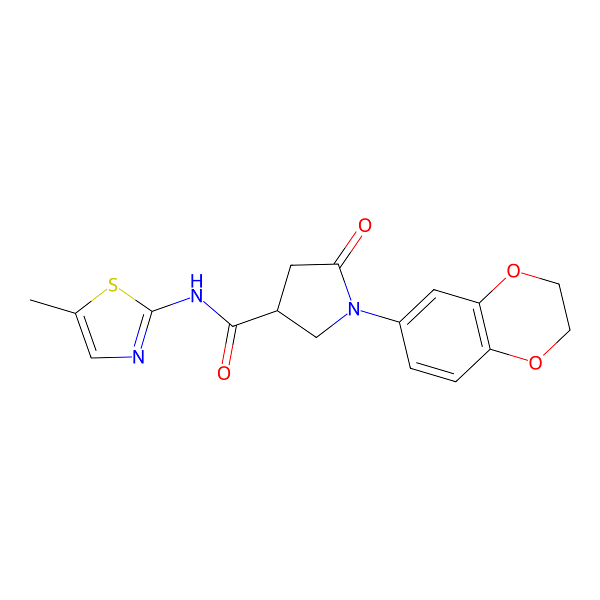 1-(2,3-dihydro-1,4-benzodioxin-6-yl)-N-(5-methyl-1,3-thiazol-2-yl)-5-oxopyrrolidine-3-carboxamide molecular structure, CAS 741733-98-2