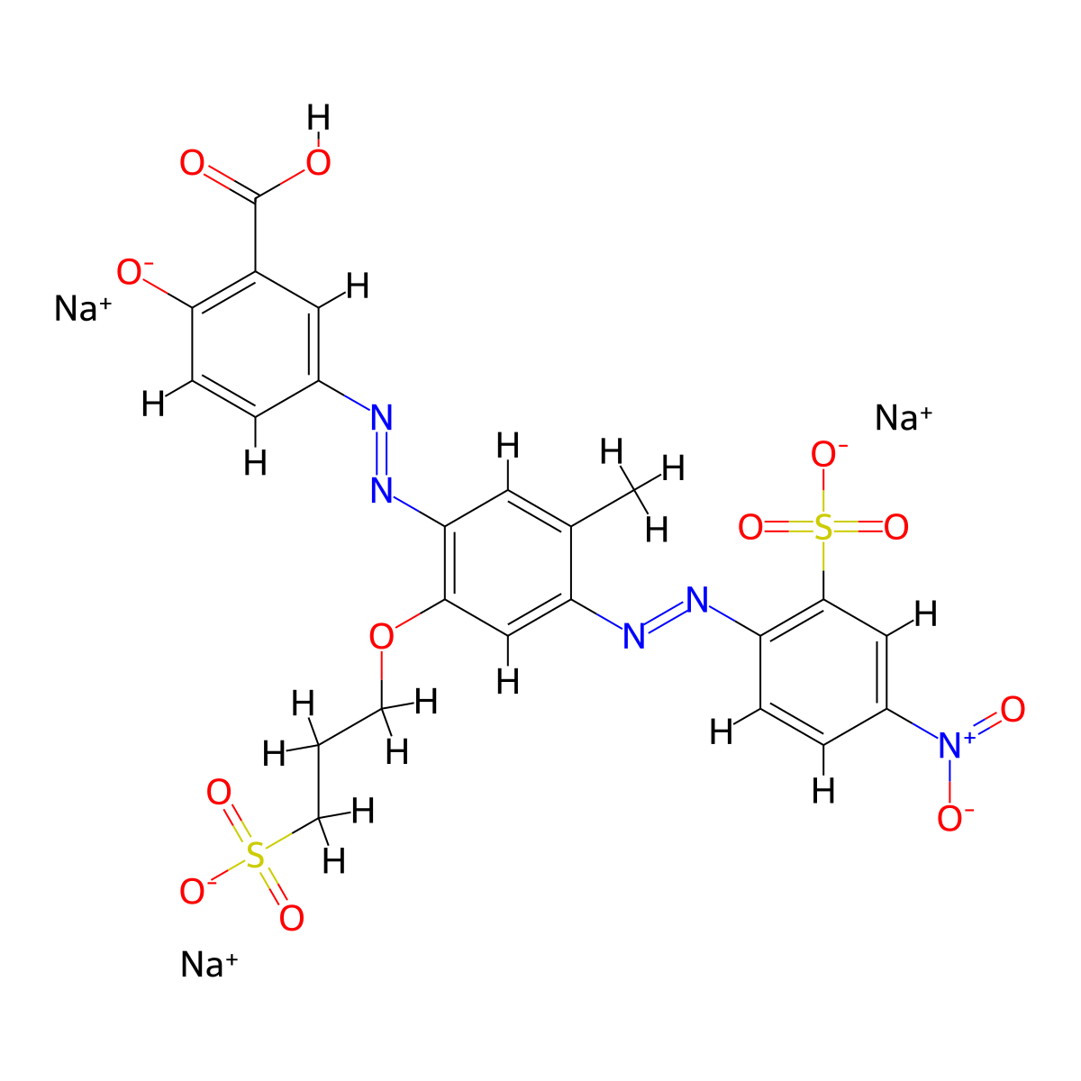 Benzoic acid, 2-hydroxy-5-(2-(5-methyl-4-(2-(4-nitro-2-sulfophenyl)diazenyl)-2-(3-sulfopropoxy)phenyl)diazenyl)-, sodium salt (1:3) molecular structure, CAS 74186-17-7