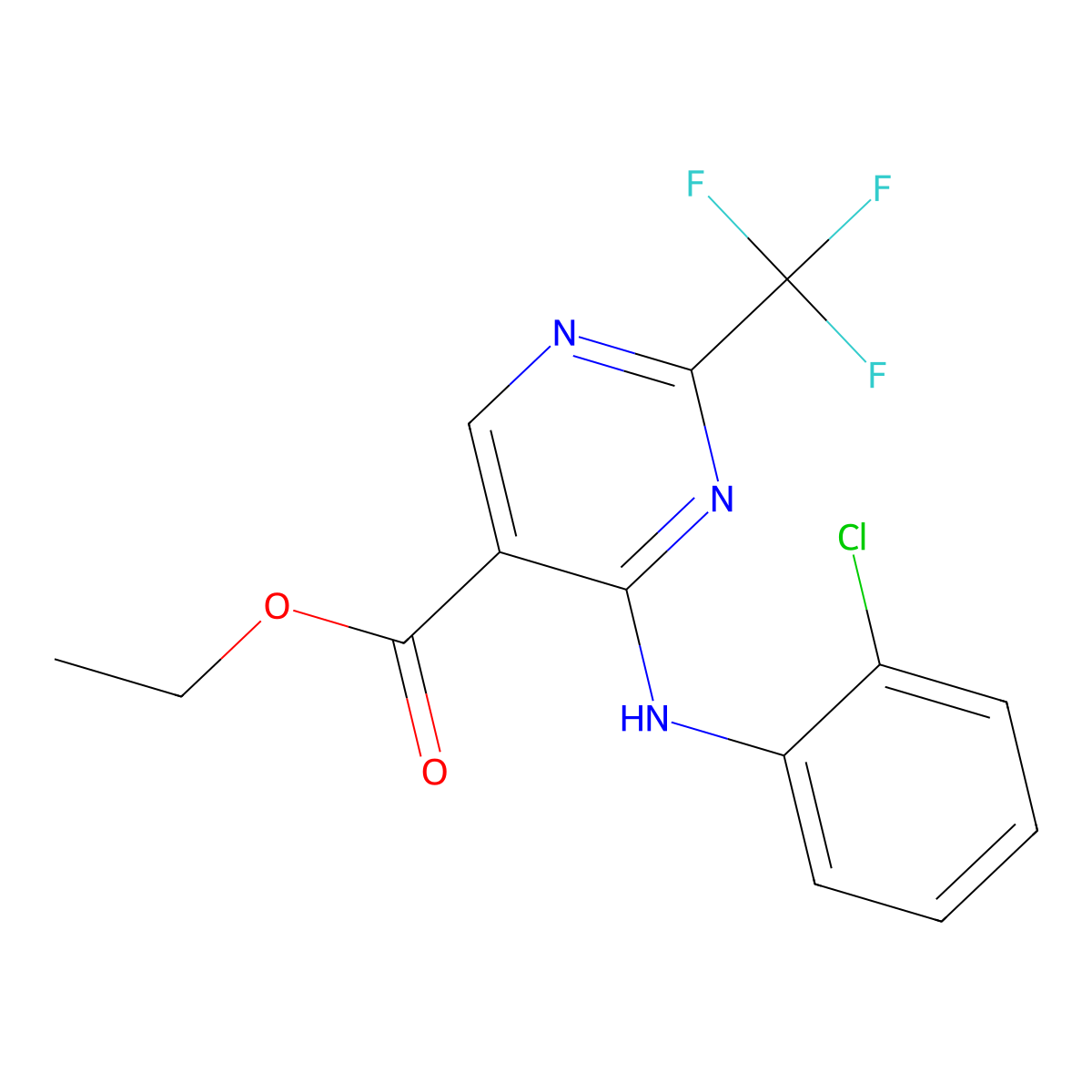 Ethyl 4-(2-chloroanilino)-2-(trifluoromethyl)-5-pyrimidinecarboxylate molecular structure, CAS 742-37-0