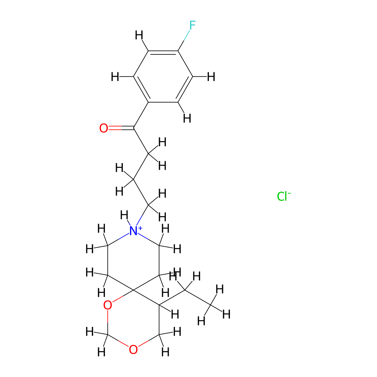 Butyrophenone, 4-(5-ethyl-1,3-dioxa-9-azaspiro(5.5)undec-9-yl)-4'-fluoro-, hydrochloride, hydrate molecular structure, CAS 74203-68-2