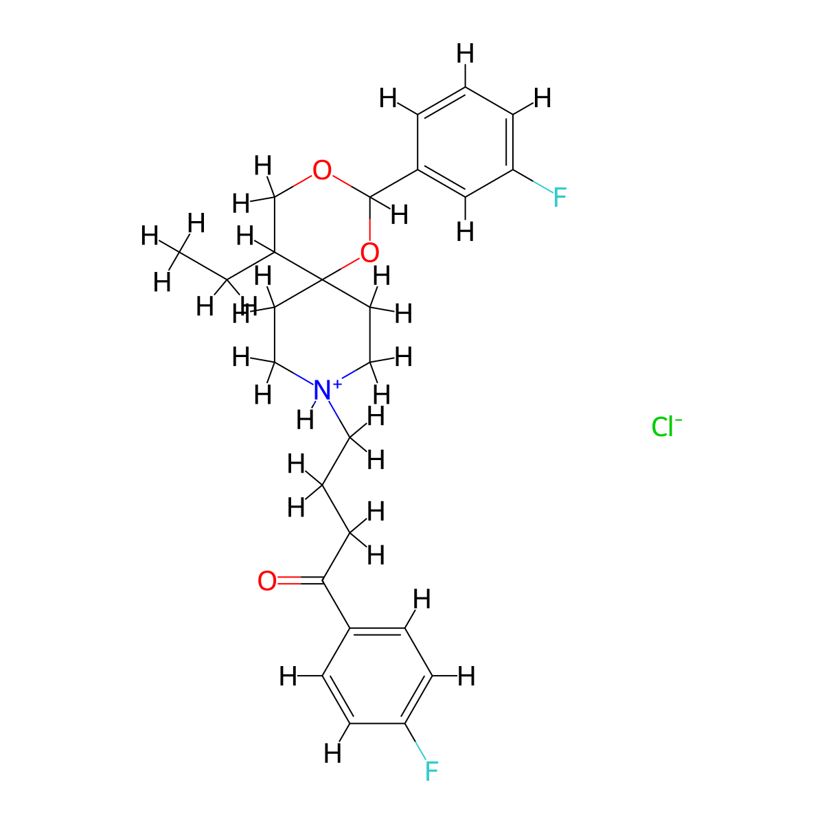 Butyrophenone, 4-(5-ethyl-2-(m-fluorophenyl)-1,3-dioxa-9-azaspiro(5.5)undec-9-yl)-4'-fluoro-, hydrochloride, hydrate molecular structure, CAS 74203-69-3