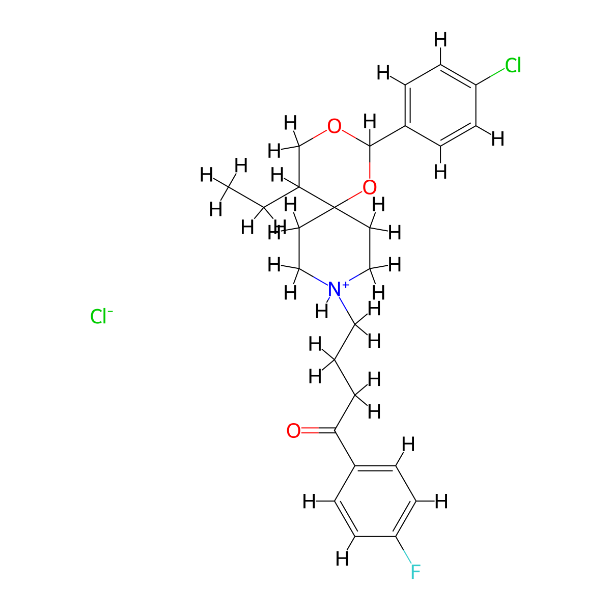 Butyrophenone, 4-(2-(p-chlorophenyl)-5-ethyl-1,3-dioxa-9-azaspiro(5.5)undec-9-yl)-4'-fluoro-, hydrochloride, hydrate molecular structure, CAS 74203-70-6