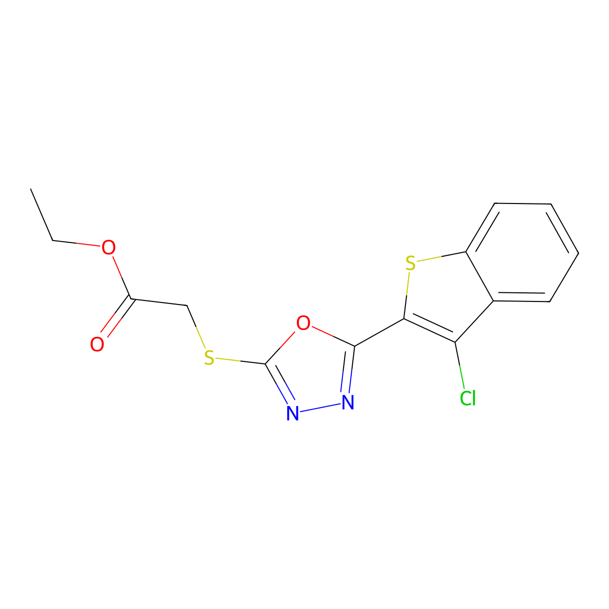 Ethyl 2-[5-(3-chlorobenzo[b]thiophen-2-yl)-1,3,4-oxadiazol-2-ylthio]acetate molecular structure, CAS 742093-13-6