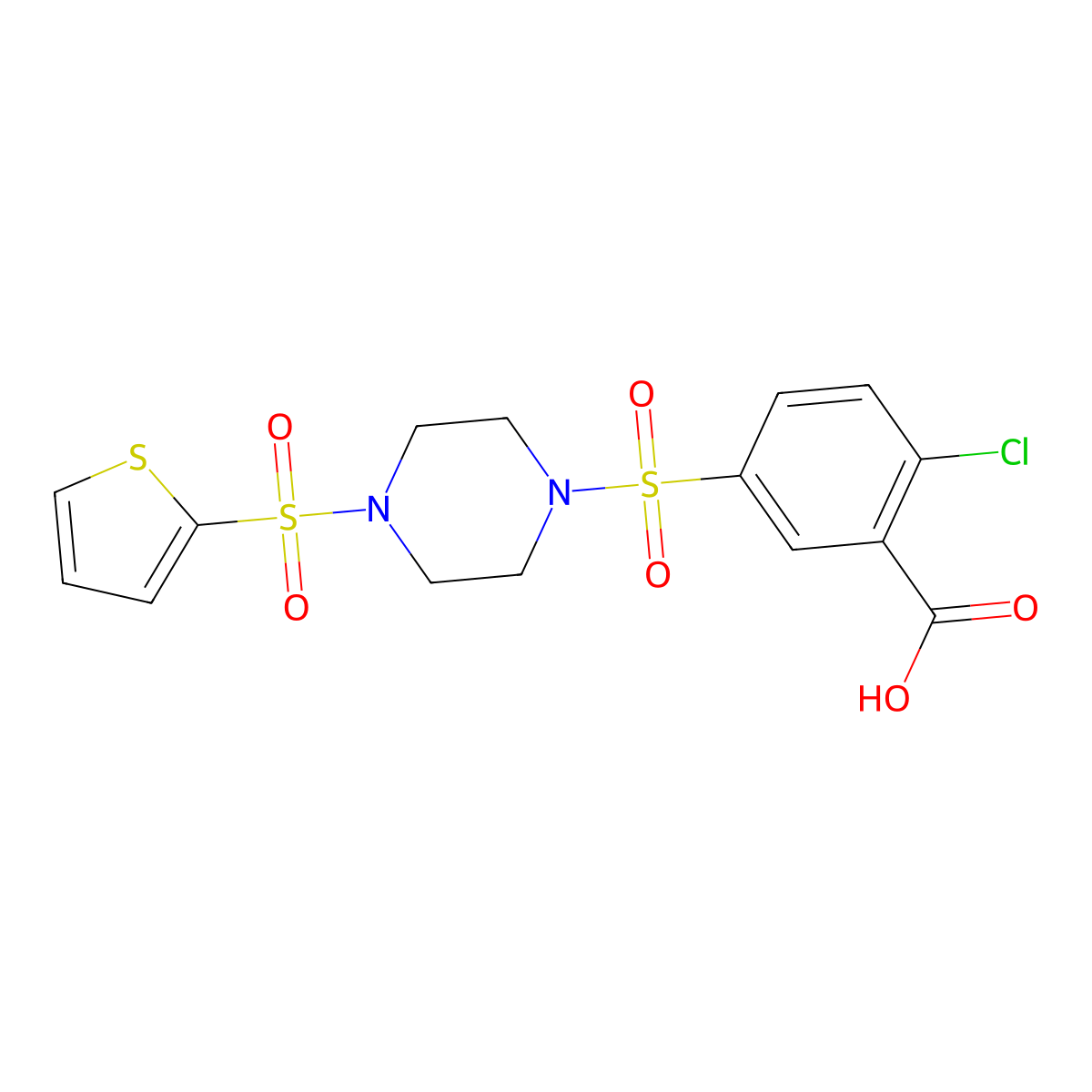 2-Chloro-5-{[4-(thiophene-2-sulfonyl)piperazin-1-yl]sulfonyl}benzoic acid molecular structure, CAS 742118-92-9