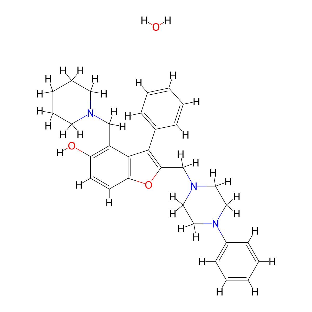 5-Benzofuranol, 3-phenyl-2-((4-phenyl-1-piperazinyl)methyl)-4-piperidinomethyl-, hemihydrate molecular structure, CAS 74229-23-5