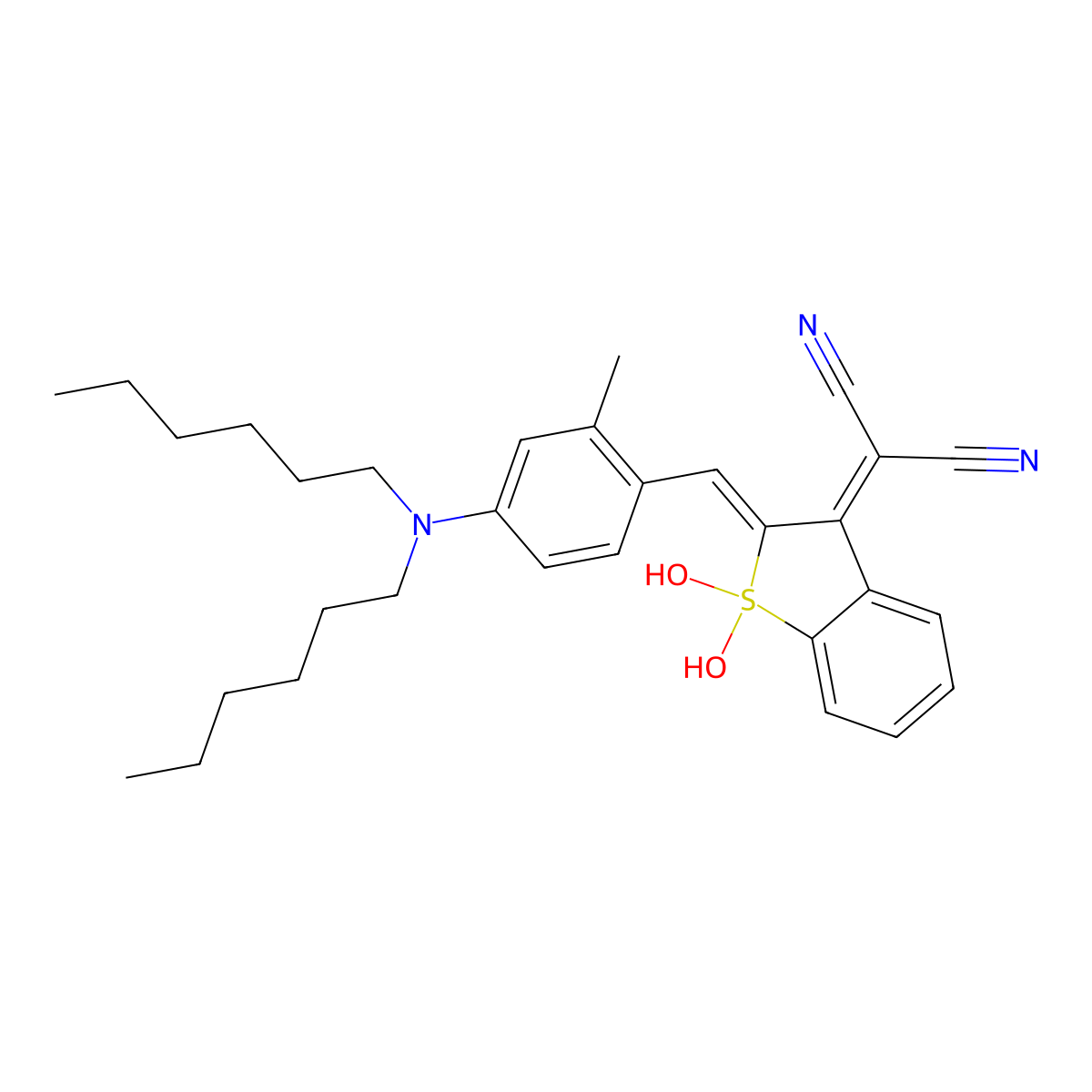 2-[2-[[4-(Dihexylamino)-2-methylphenyl]methylidene]-1,1-dihydroxy-1-benzothiophen-3-ylidene]propanedinitrile molecular structure, CAS 74239-96-6