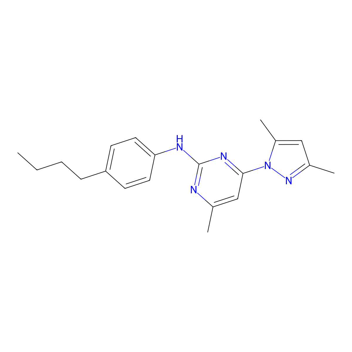 N-(4-butylphenyl)-4-(3,5-dimethyl-1H-pyrazol-1-yl)-6-methylpyrimidin-2-amine molecular structure, CAS 74246-38-1