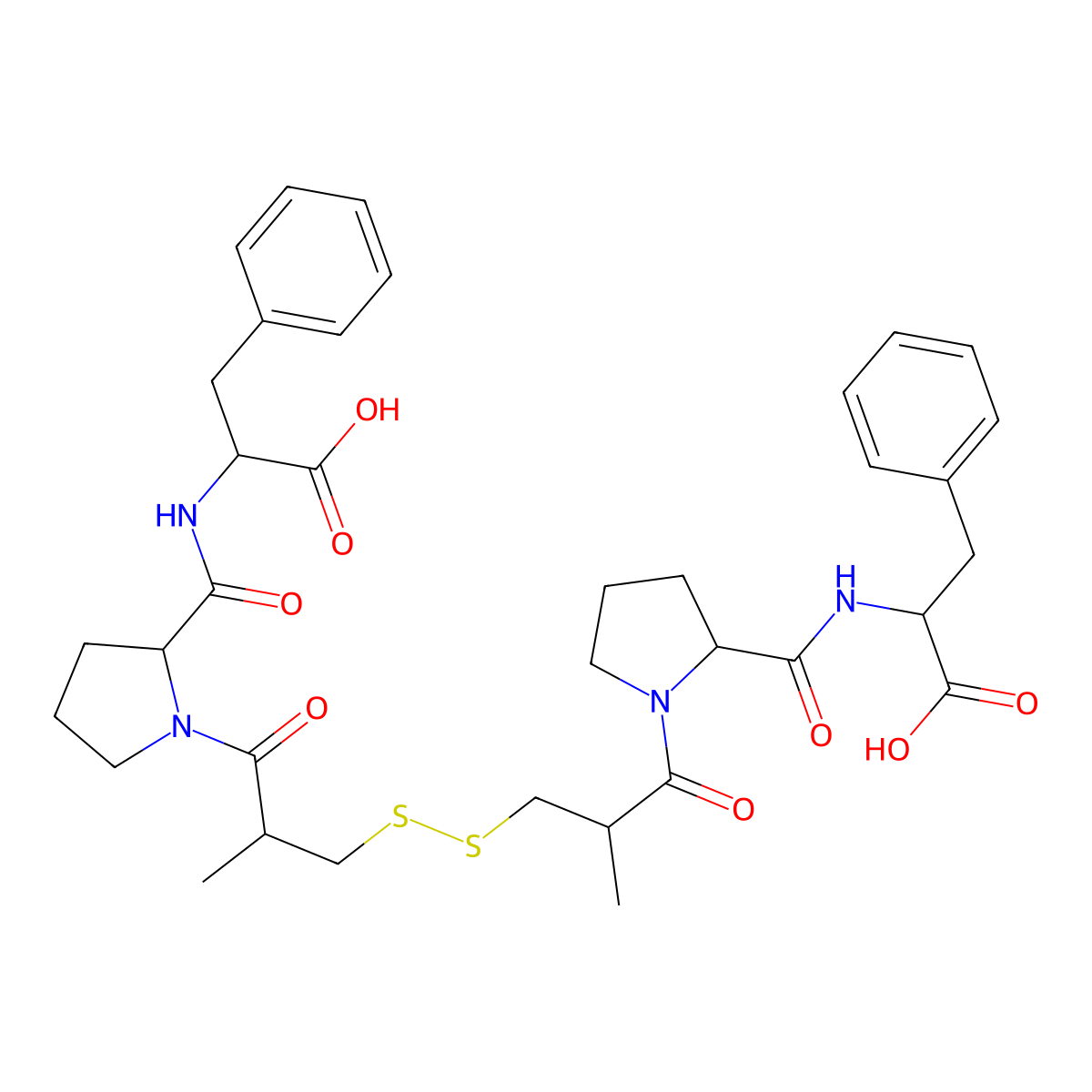 (2S,2'S)-2,2'-[[(2S,2'S)-1,1'-[(2S,2'S)-3,3'-Disulfanediylbis(2-methylpropanoyl)]bis(pyrrolidine-2,2'-carbonyl)]bis(azanediyl)]bis(3-phenylpropanoic Acid) molecular structure, CAS 74259-14-6