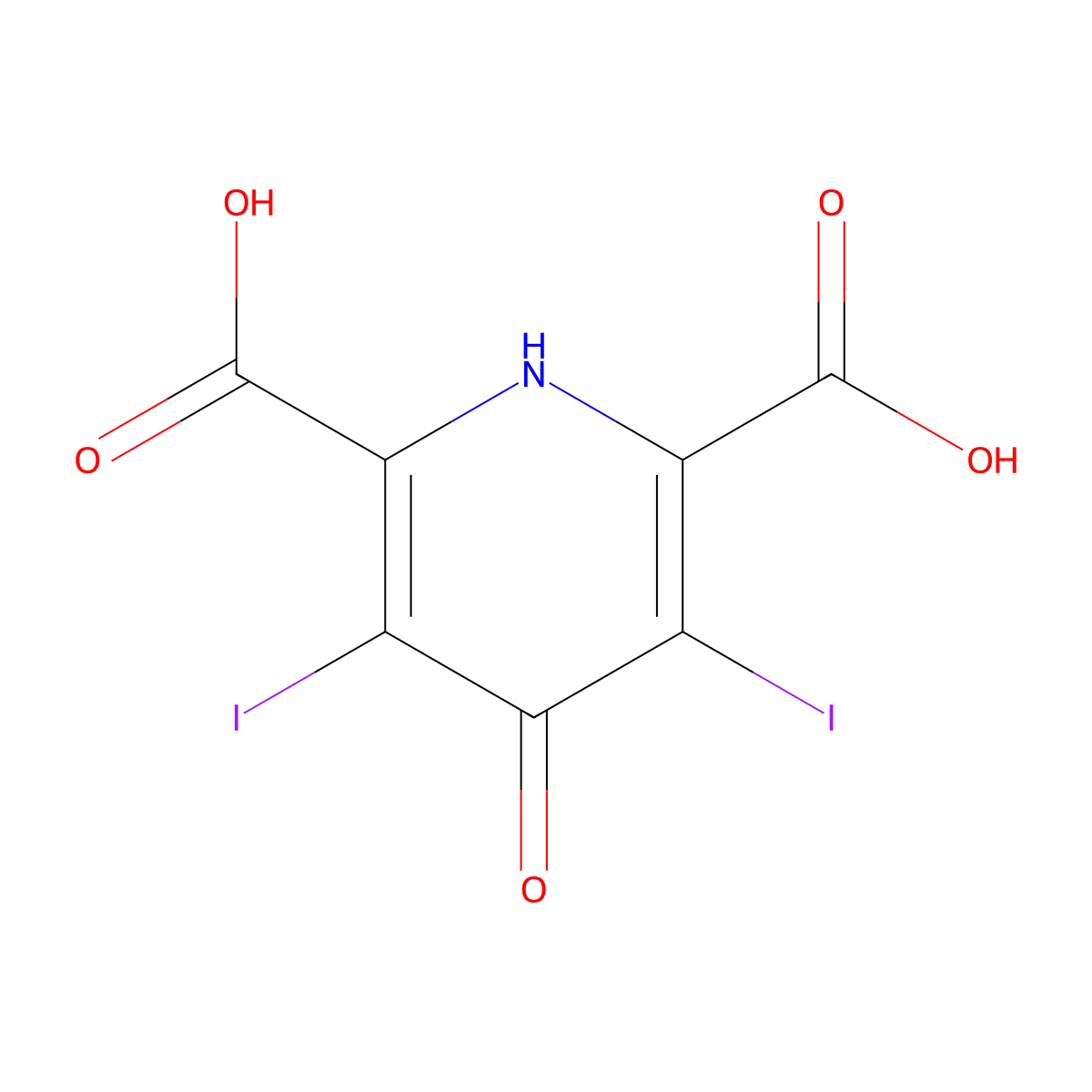 1,4-Dihydro-3,5-diiodo-4-oxopyridine-2,6-dicarboxylic acid molecular structure, CAS 74263-51-7