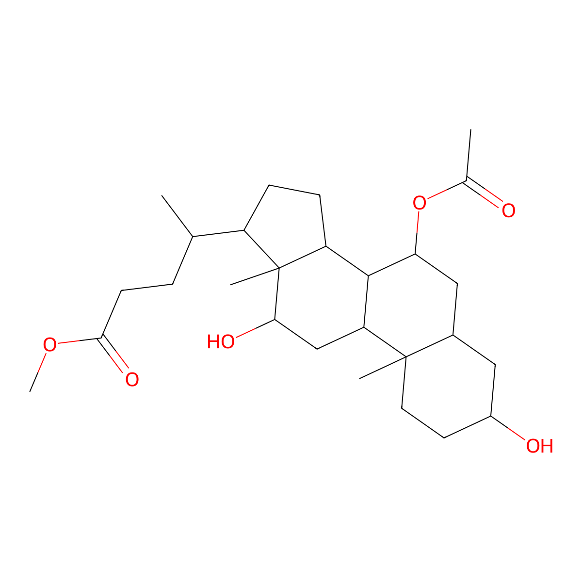 methyl 4-(7-acetyloxy-3,12-dihydroxy-10,13-dimethyl-2,3,4,5,6,7,8,9,11,12,14,15,16,17-tetradecahydro-1H-cyclopenta[a]phenanthren-17-yl)pentanoate molecular structure, CAS 7432-44-2