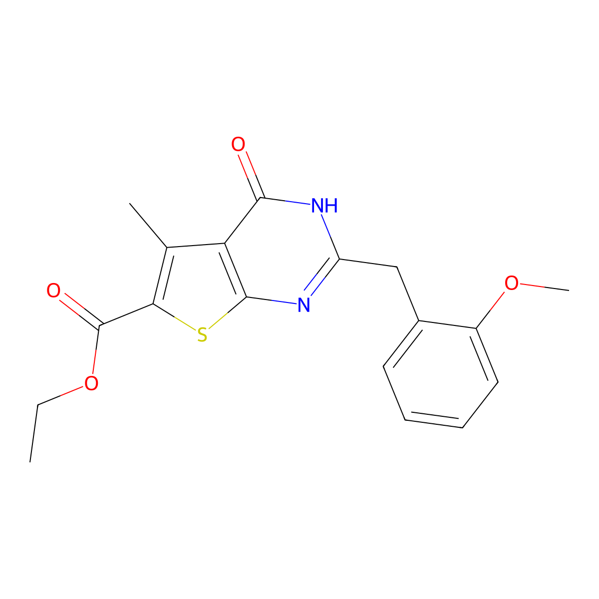 ethyl 2-[(2-methoxyphenyl)methyl]-5-methyl-4-oxo-3H-thieno[2,3-d]pyrimidine-6-carboxylate molecular structure, CAS 743439-30-7