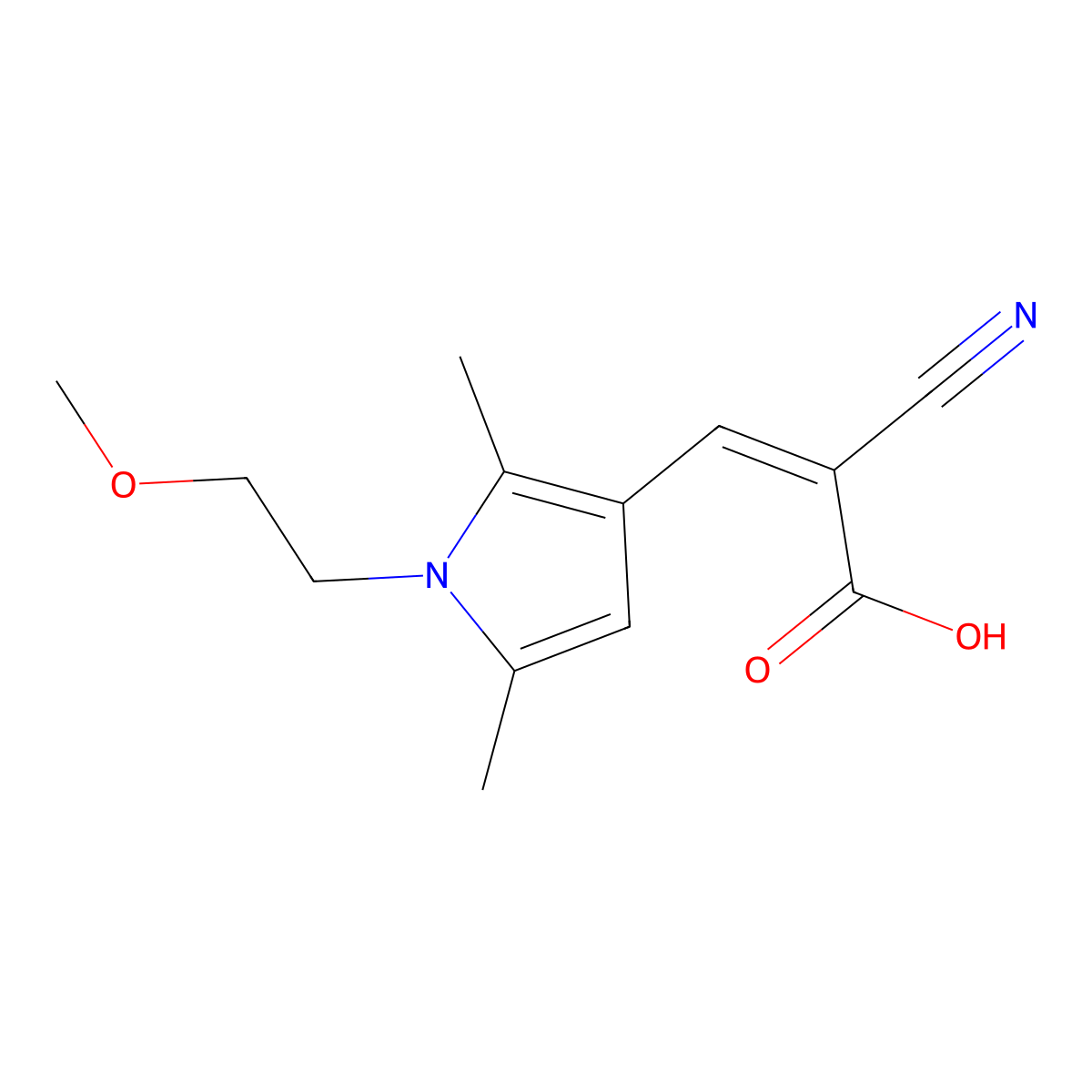 2-cyano-3-(1-(2-methoxyethyl)-2,5-dimethyl-1H-pyrrol-3-yl)prop-2-enoic acid molecular structure, CAS 743440-54-2