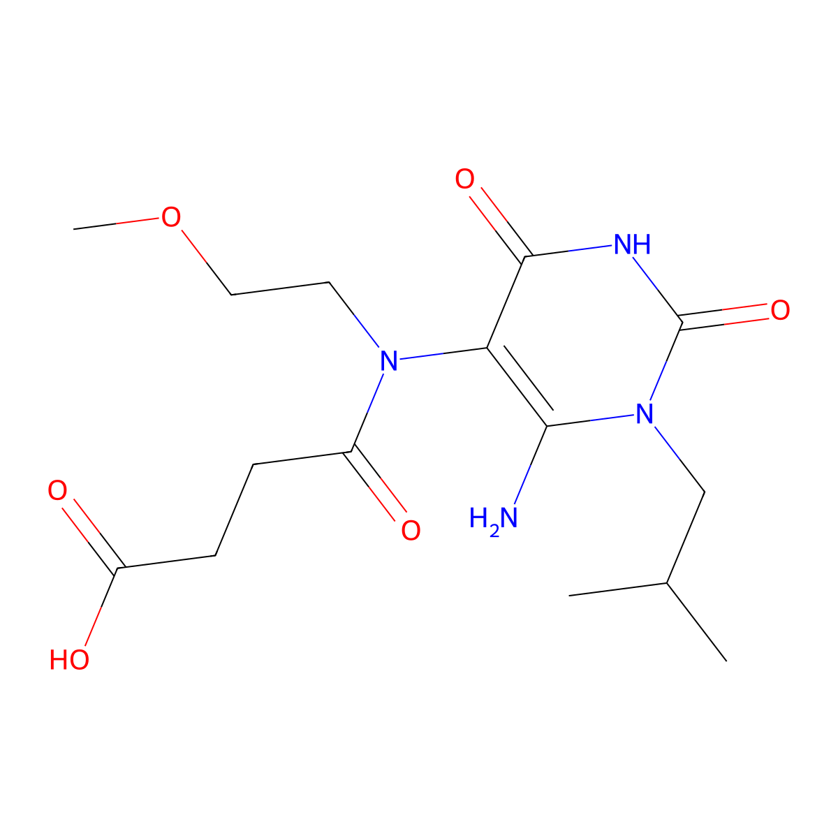 3-{[6-Amino-1-(2-methylpropyl)-2,4-dioxo-1,2,3,4-tetrahydropyrimidin-5-yl](2-methoxyethyl)carbamoyl}propanoic acid molecular structure, CAS 743442-03-7