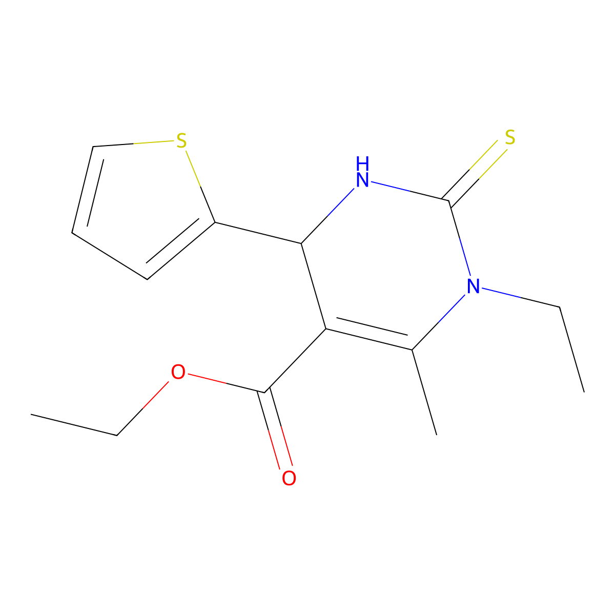 Ethyl 1-ethyl-6-methyl-2-sulfanylidene-4-(thiophen-2-yl)-1,2,3,4-tetrahydropyrimidine-5-carboxylate molecular structure, CAS 743444-84-0