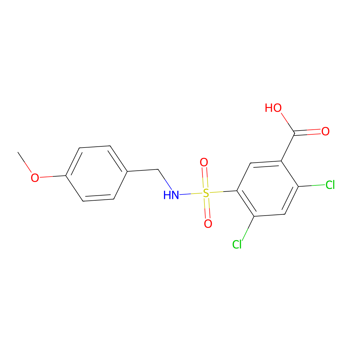 2,4-Dichloro-5-{[(4-methoxyphenyl)methyl]sulfamoyl}benzoic acid molecular structure, CAS 743451-38-9