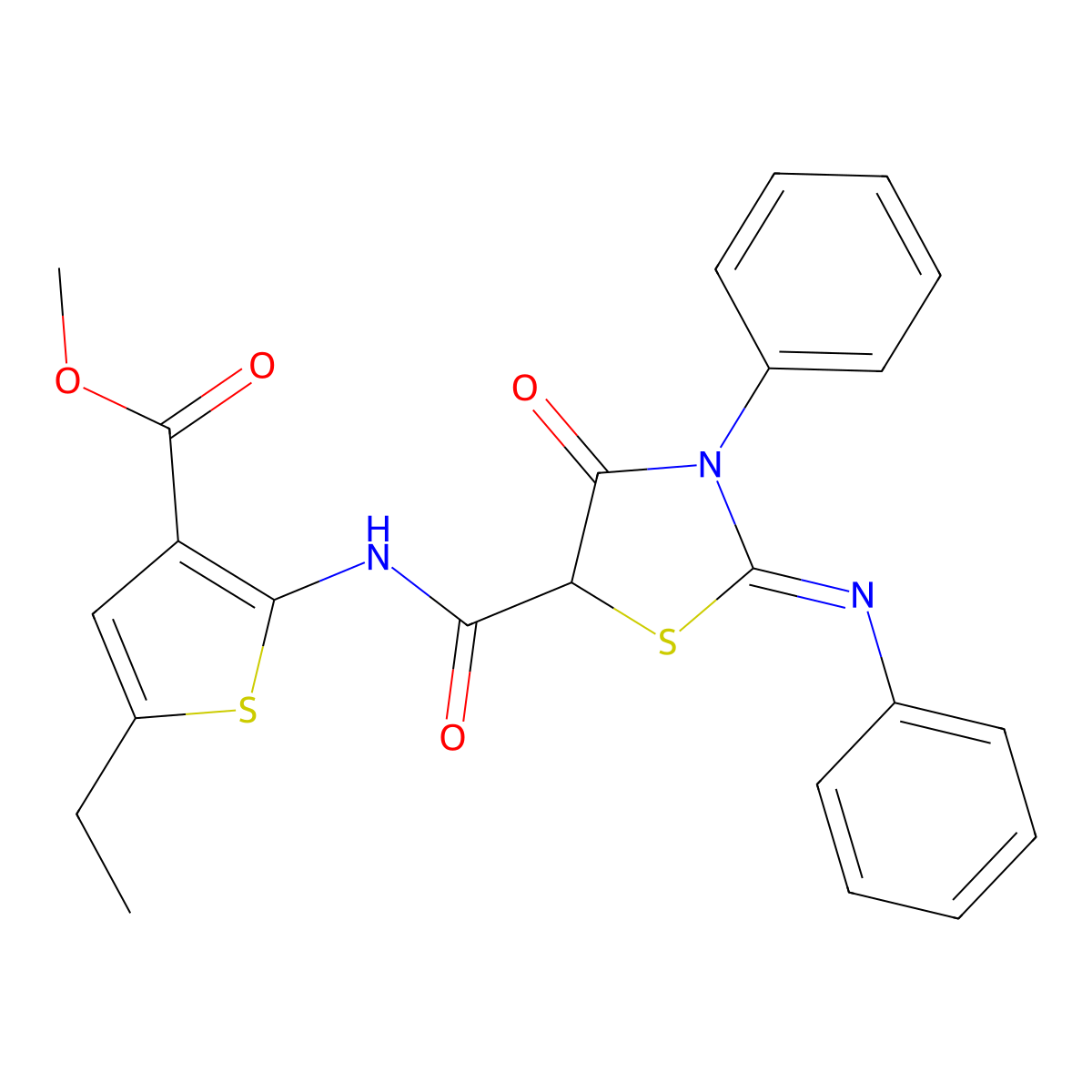 (E)-methyl 5-ethyl-2-(4-oxo-3-phenyl-2-(phenylimino)thiazolidine-5-carboxamido)thiophene-3-carboxylate molecular structure, CAS 743473-41-8