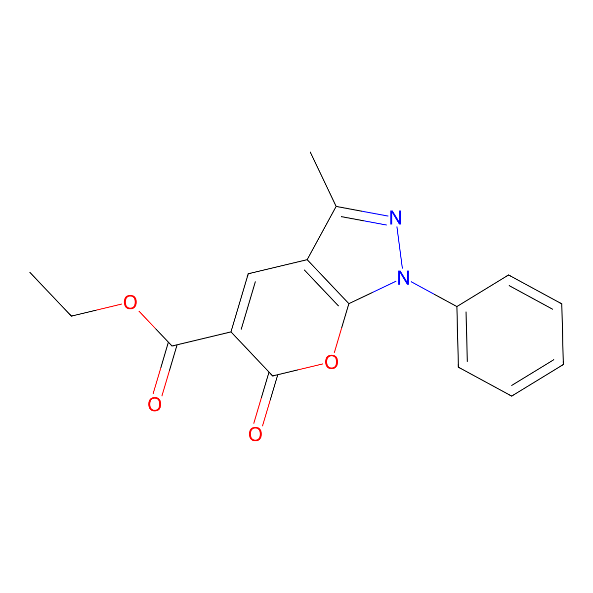 Ethyl 3-methyl-6-oxo-1-phenyl-1,6-dihydropyrano[2,3-c]pyrazole-5-carboxylate molecular structure, CAS 74414-00-9