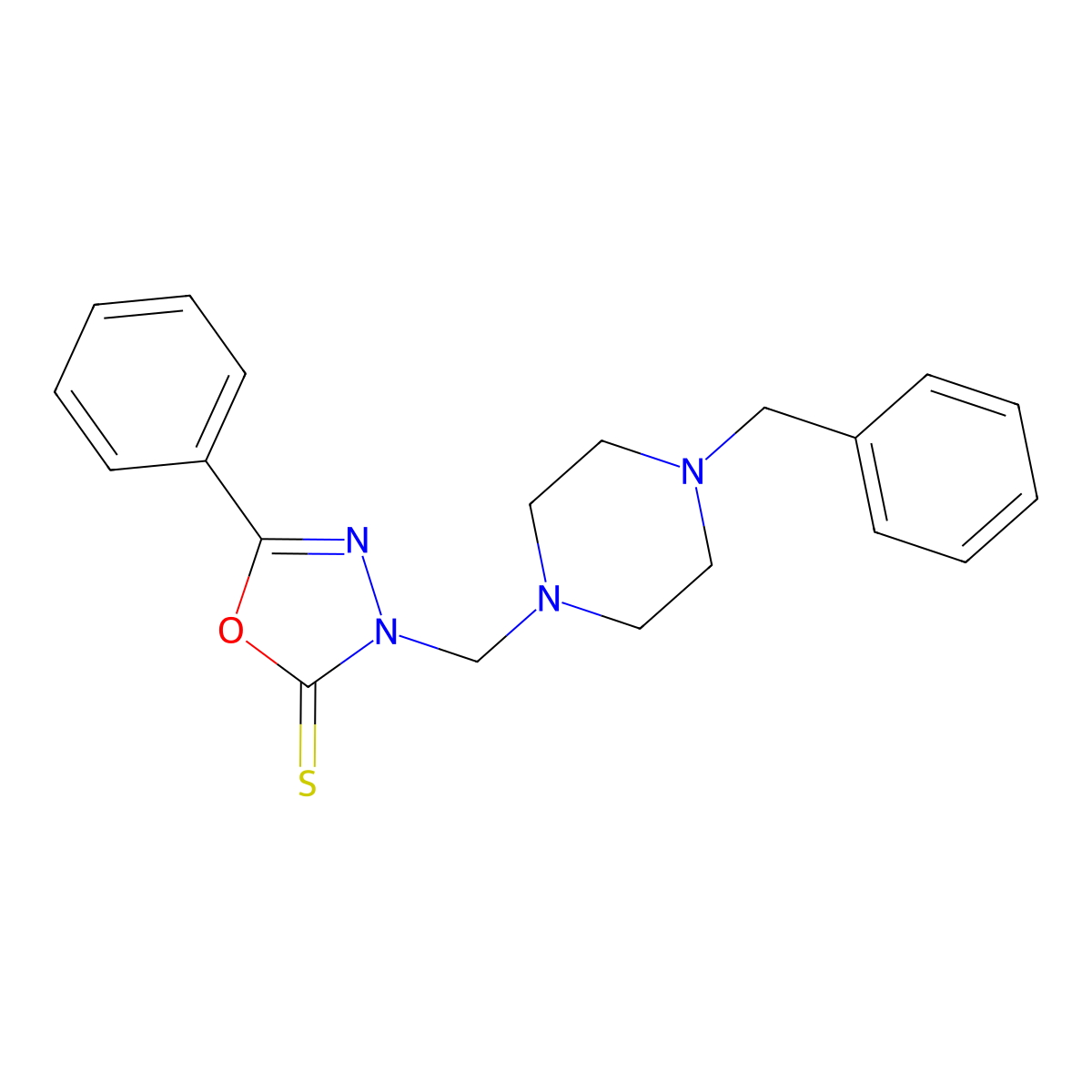 3-[(4-Benzylpiperazin-1-yl)methyl]-5-phenyl-1,3,4-oxadiazole-2-thione molecular structure, CAS 744206-31-3