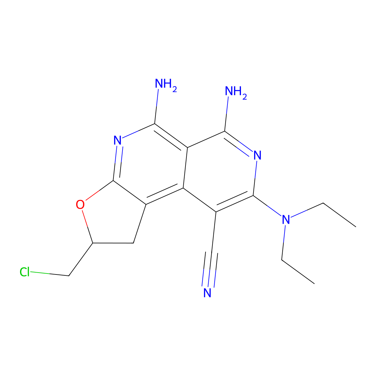 5,6-Diamino-2-(chloromethyl)-8-(diethylamino)-1,2-dihydrofuro[2,3-c][2,7]naphthyridine-9-carbonitrile molecular structure, CAS 744230-49-7