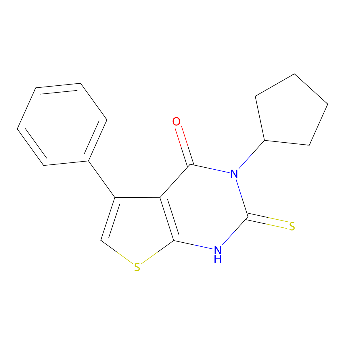 3-cyclopentyl-5-phenyl-2-sulfanyl-3H,4H-thieno[2,3-d]pyrimidin-4-one molecular structure, CAS 744241-97-2