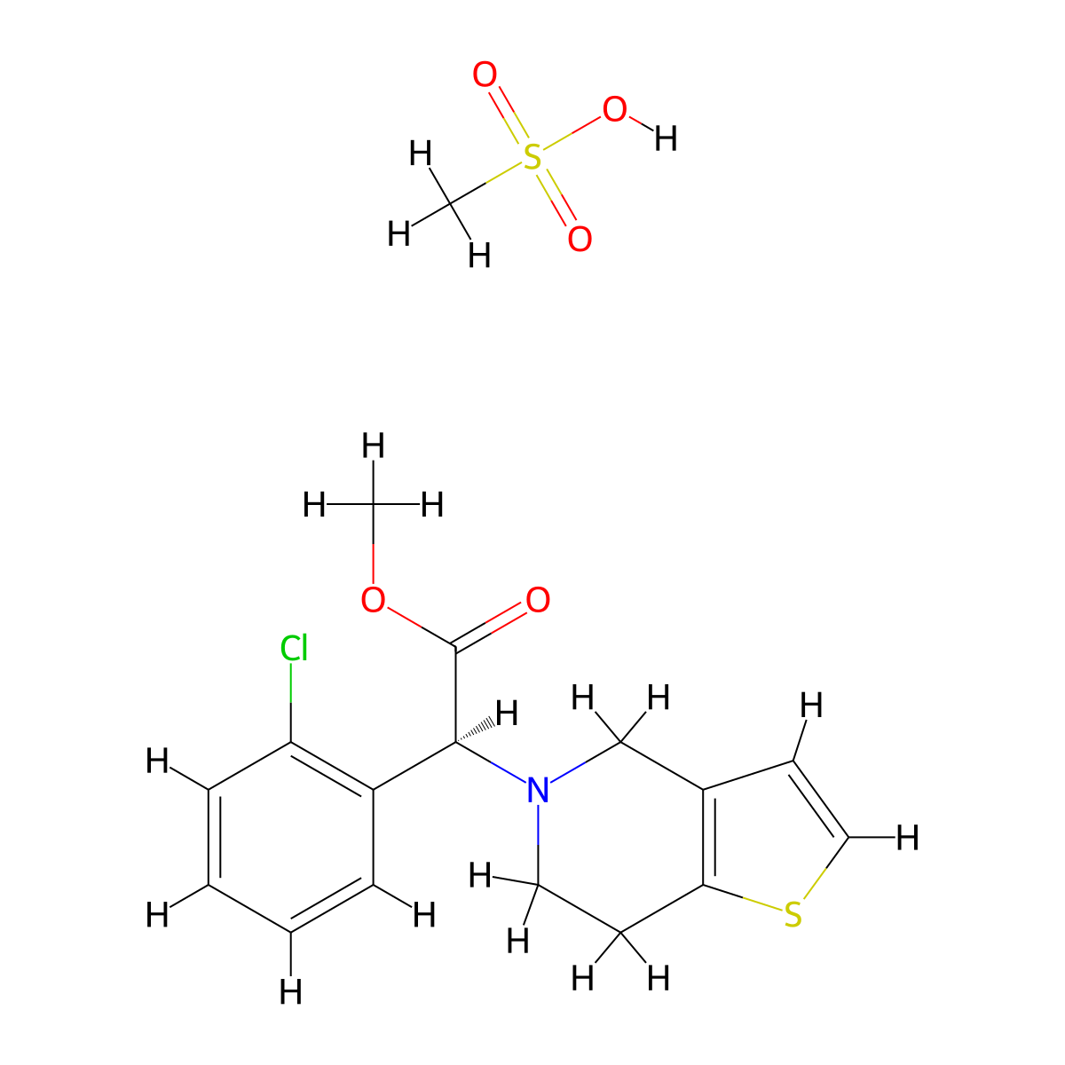 (S)-Methyl 2-(2-chlorophenyl)-2-(6,7-dihydrothieno[3,2-c]pyridin-5(4H)-yl)acetate methanesulfonate molecular structure, CAS 744256-72-2