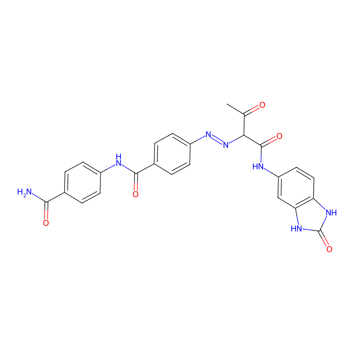 Benzamide, N-(4-(aminocarbonyl)phenyl)-4-(2-(1-(((2,3-dihydro-2-oxo-1H-benzimidazol-5-yl)amino)carbonyl)-2-oxopropyl)diazenyl)- molecular structure, CAS 74441-05-7