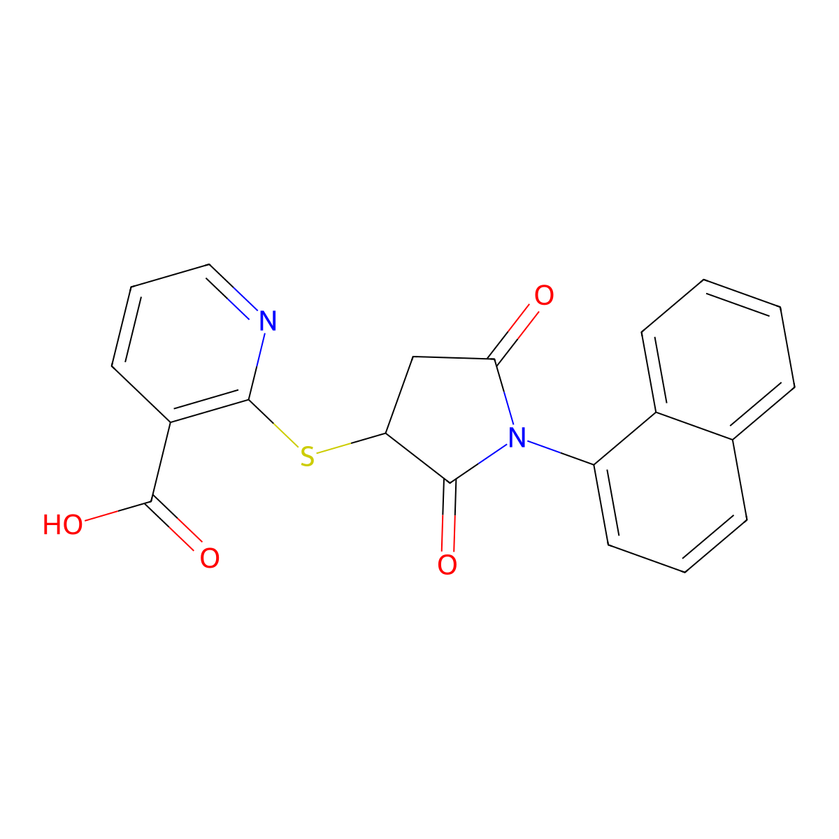 2-((1-(Naphthalen-1-yl)-2,5-dioxopyrrolidin-3-yl)thio)nicotinic acid molecular structure, CAS 745027-88-7