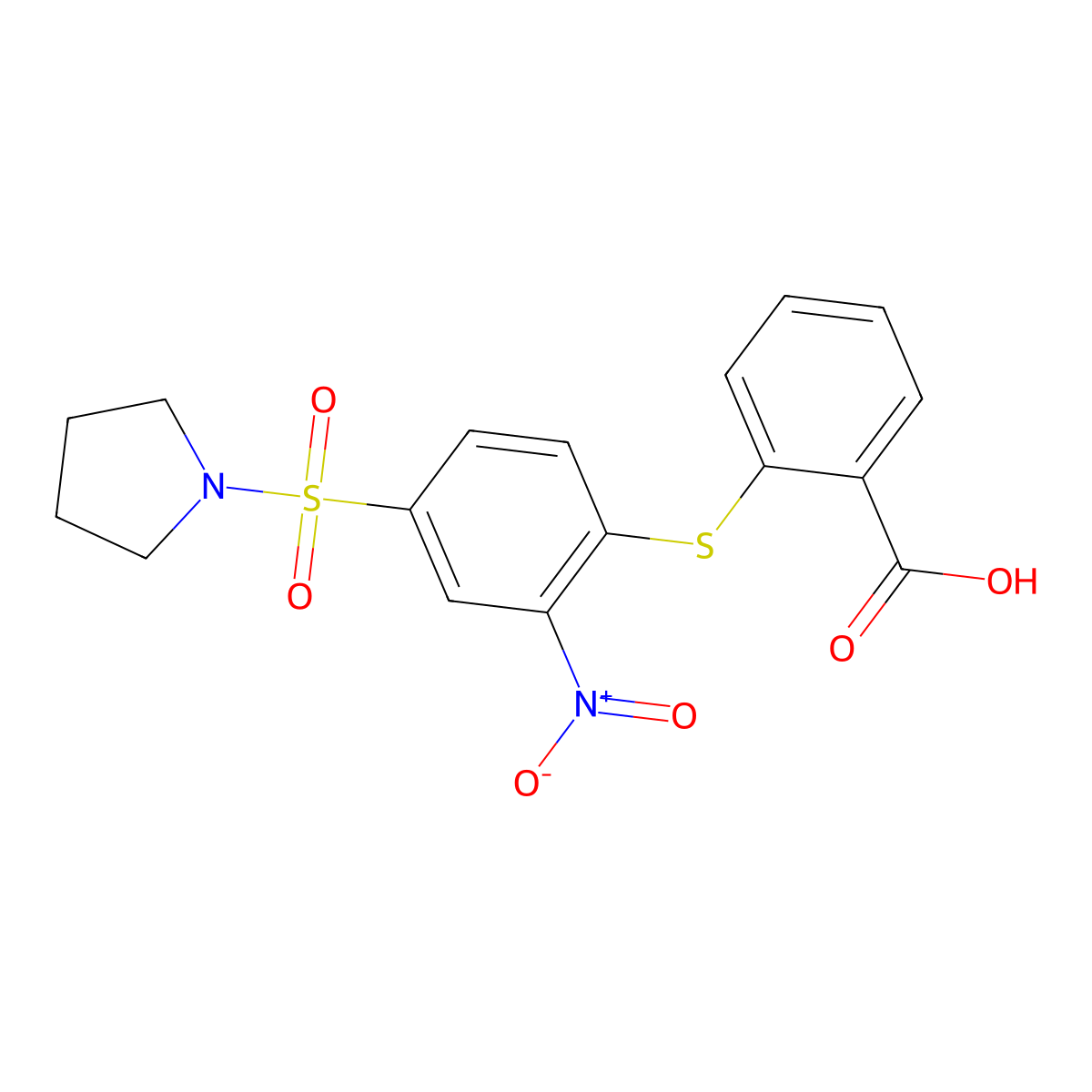 2-((2-Nitro-4-(pyrrolidine-1-sulfonyl)phenyl)sulfanyl)benzoic acid molecular structure, CAS 745030-96-0