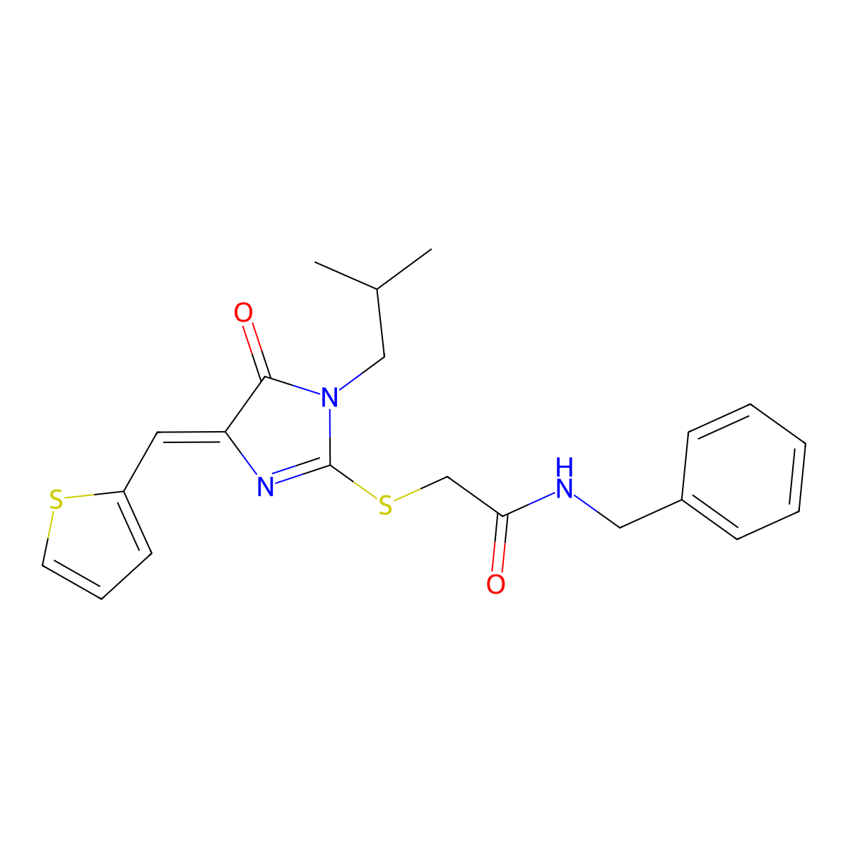 2-[[4,5-Dihydro-1-(2-methylpropyl)-5-oxo-4-(2-thienylmethylene)-1H-imidazol-2-yl]thio]-N-(phenylmethyl)acetamide molecular structure, CAS 745056-00-2