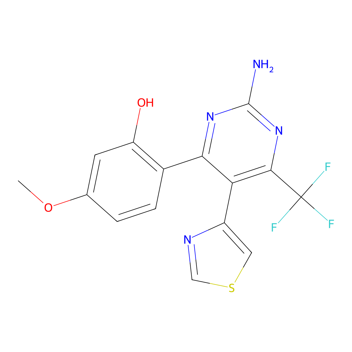 2-(2-Amino-5-(thiazol-4-yl)-6-(trifluoromethyl)pyrimidin-4-yl)-5-methoxyphenol molecular structure, CAS 74527-29-0