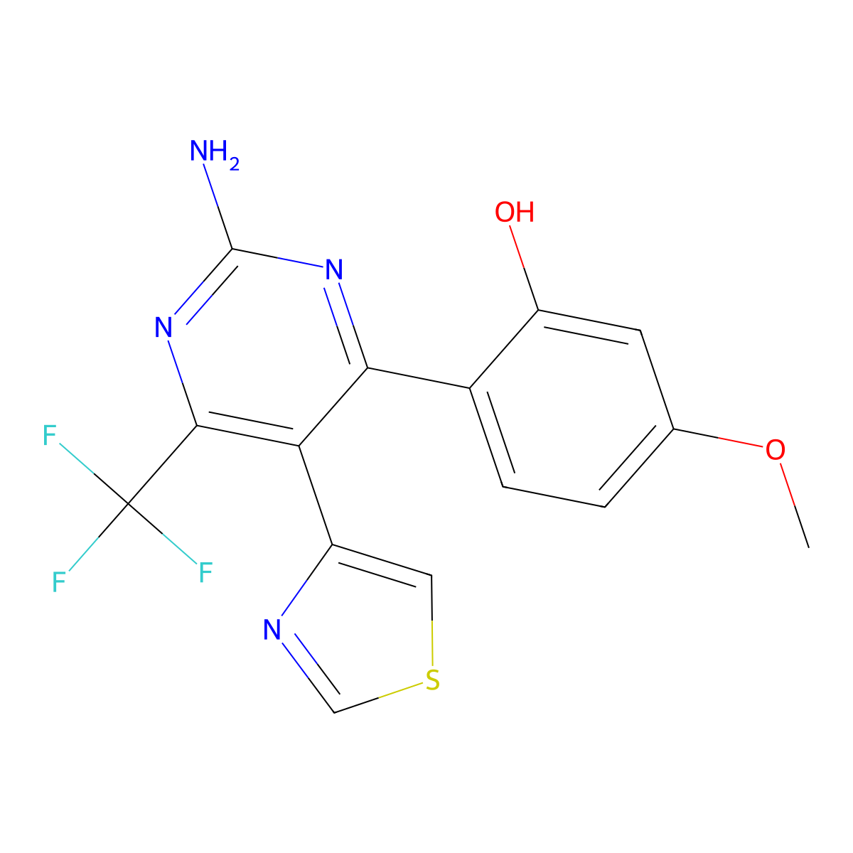 2-(2-Amino-5-(thiazol-4-yl)-6-(trifluoromethyl)pyrimidin-4-yl)-5-methoxyphenol molecular structure, CAS 74527-29-0