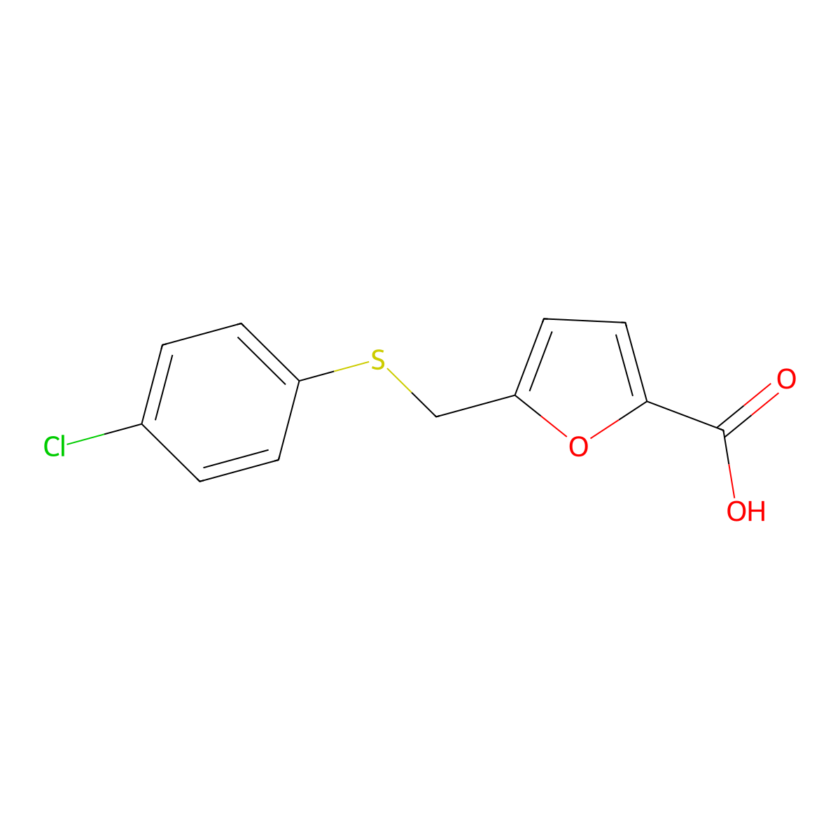 5-(((4-Chlorophenyl)thio)methyl)furan-2-carboxylic acid molecular structure, CAS 74556-53-9