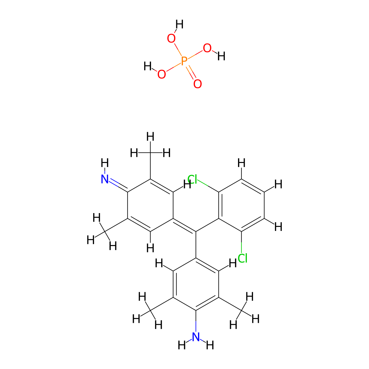 Benzenamine, 4-((2,6-dichlorophenyl)(4-imino-3,5-dimethyl-2,5-cyclohexadien-1-ylidene)methyl)-2,6-dimethyl-, phosphate (1:1) molecular structure, CAS 74578-10-2