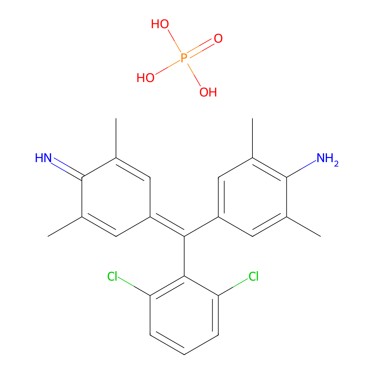 Benzenamine, 4-((2,6-dichlorophenyl)(4-imino-3,5-dimethyl-2,5-cyclohexadien-1-ylidene)methyl)-2,6-dimethyl-, phosphate (1:1) molecular structure, CAS 74578-10-2