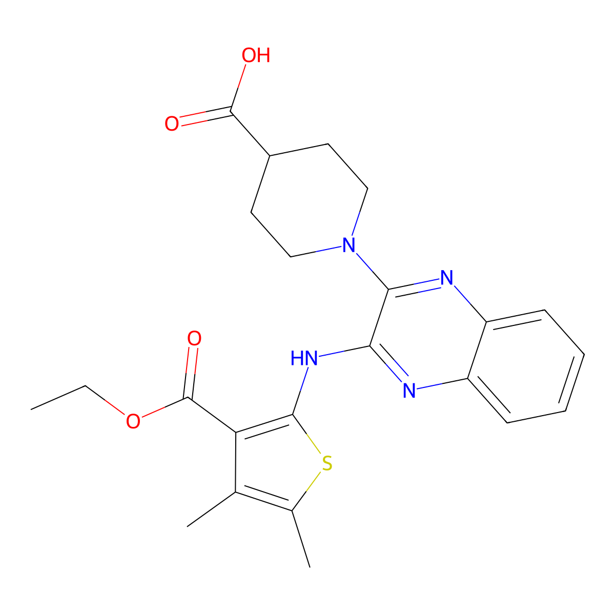 1-(3-{[3-(Ethoxycarbonyl)-4,5-dimethylthiophen-2-yl]amino}quinoxalin-2-yl)piperidine-4-carboxylic acid molecular structure, CAS 745798-34-9