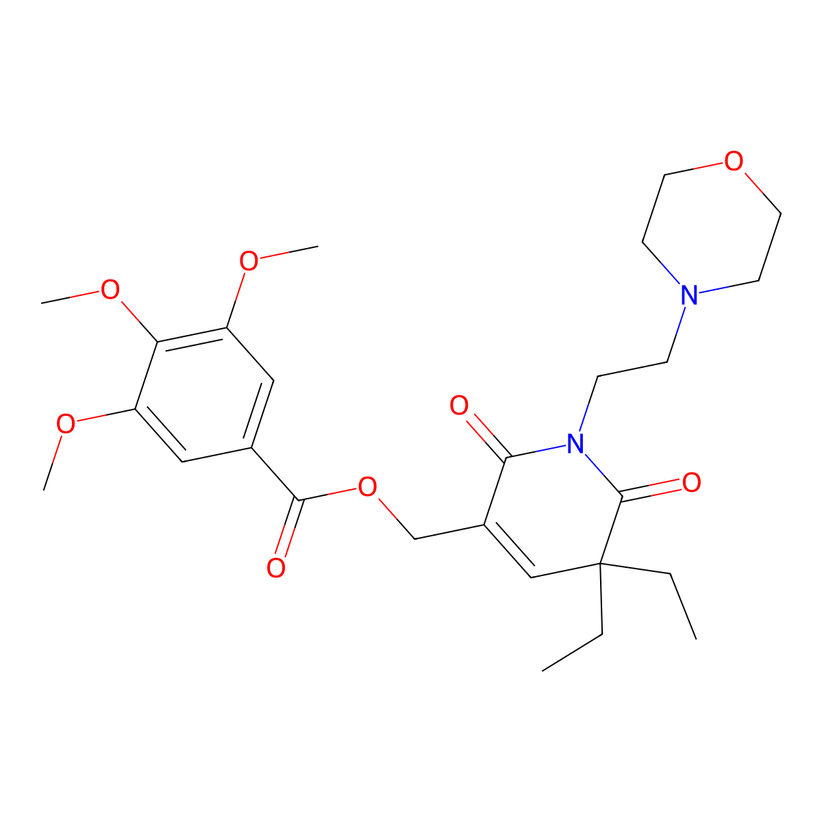 Benzoic acid, 3,4,5-trimethoxy-, (1,4,5,6-tetrahydro-5,5-diethyl-4,6-dioxo-1-(2-(4-morpholinyl)ethyl)-3-pyridinyl)methyl ester molecular structure, CAS 74619-91-3