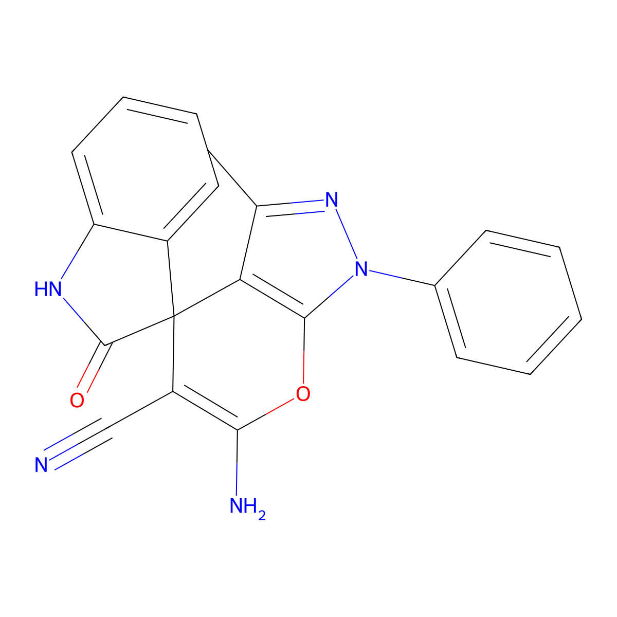 6'-amino-3'-methyl-2-oxo-1'-phenyl-1,2-dihydro-1'H-spiro[indole-3,4'-pyrano[2,3-c]pyrazole]-5'-carbonitrile molecular structure, CAS 74647-55-5